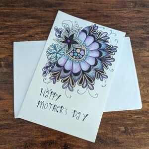 🌻 5/$20 Handmade Floral Zentangle Card- Purple, Blue & Black-Happy Mother's Day